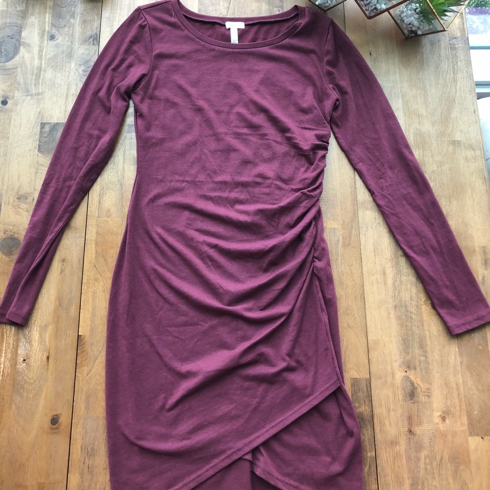 Leith | Maroon Ruched Long Sleeve Dress